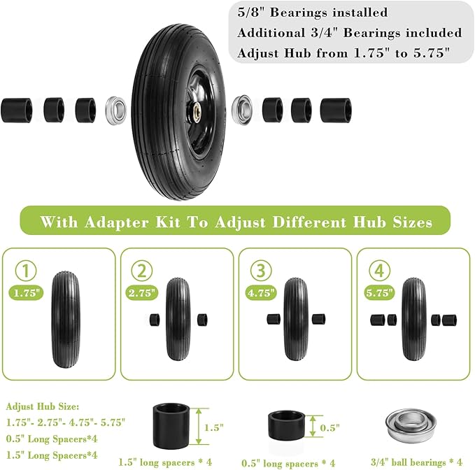 Parts Camp 13" Wheelbarrow Tires and Wheels 4.00-6 Pneumatic Tires with 5/8"&3/4" Bore Hole and 1.75" Centered Hub Wheelbarrow Tire Fit Wheelbarrows/Wagons/Dolly/Trolley/Hand truck(2 Pack)
