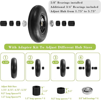 Parts Camp 13" Wheelbarrow Tires and Wheels 4.00-6 Pneumatic Tires with 5/8"&3/4" Bore Hole and 1.75" Centered Hub Wheelbarrow Tire Fit Wheelbarrows/Wagons/Dolly/Trolley/Hand truck(2 Pack)