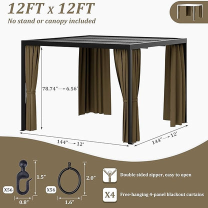Gazebo Universal Replacement Privacy Curtain,12'×12' Gazebo Outdoor Waterproof Curtains, 4-Panels Sidewall Curtains with Double Zipper for Patio Canopy, Garden and Backyard (Curtain Only)