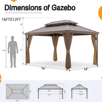 12' x 16' Outdoor Hardtop Gazebo Aluminum Frame with Double Metal Roof, Canopy Netting, Curtain, Patio Permanent Galvanized Steel Gazebo for Backyard, Garden, Party, Deck, Lawn