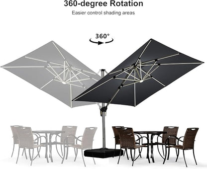 PURPLE LEAF 9 Feet Solar Powered LED Square Cantilever Umbrella With Base Patio Umbrellas Windproof Hanging Outdoor Umbrella Offset Umbrellas, Grey