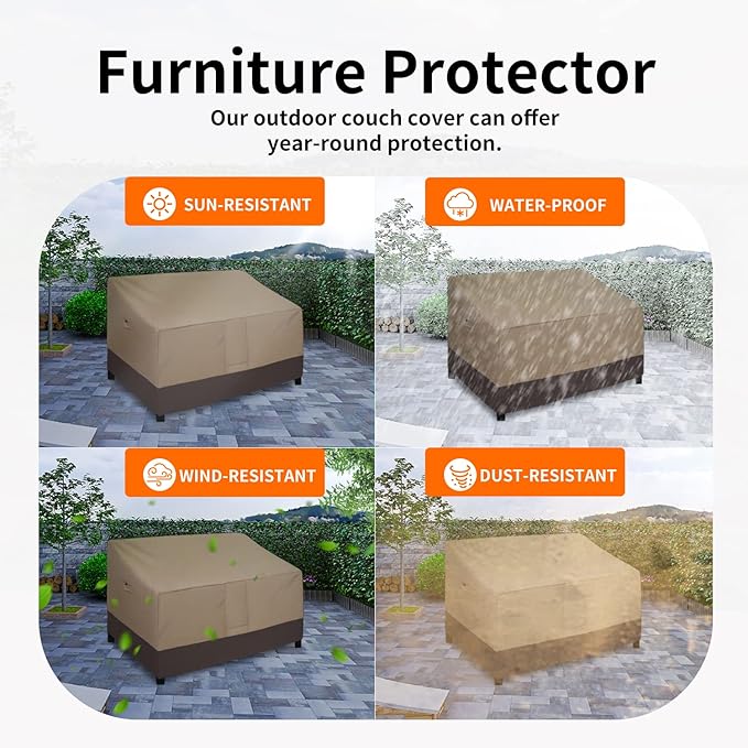 Easy-Going Waterproof Outdoor Couch Cover, Heavy Duty 3-Seater Patio Sofa Cover, Winchdproof Outdoor Furniture Cover with Air Vent (80Wx37Dx33H inch, Camel/Dark Brown)