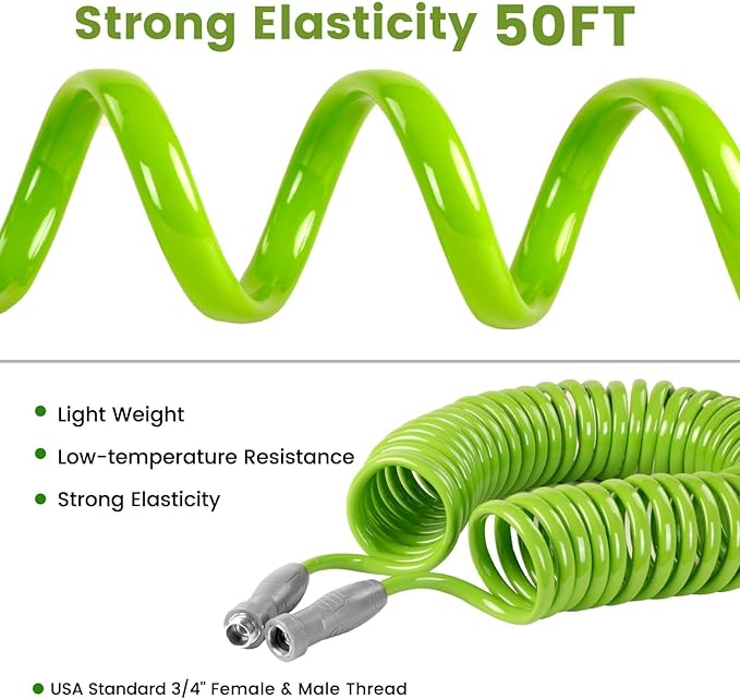 SPECILITE 1/2” Polyurethane Coil Garden Hose 50 FT, PU Flexible Recoil Water Hoses with 6-Pattern Spray Nozzle for Patio, Boat, Greenhouse and Yard