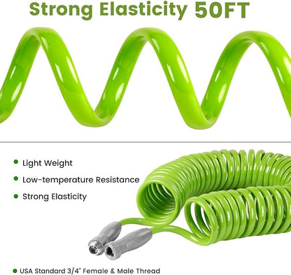 SPECILITE 1/2” Polyurethane Coil Garden Hose 50 FT, PU Flexible Recoil Water Hoses with 6-Pattern Spray Nozzle for Patio, Boat, Greenhouse and Yard