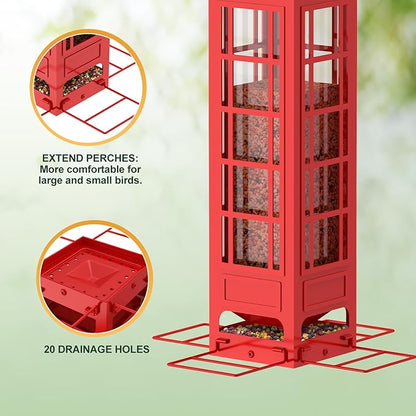 Squirrel Proof Bird Feeder Outdoor Hanging,Weight Activated Metal Mesh Red Bird Feeders 3LB Capacity,Outside Squirrel-Proof Heavy Duty Wild Birdfeeder for Finch Cardinal Bule Jay Chickadee