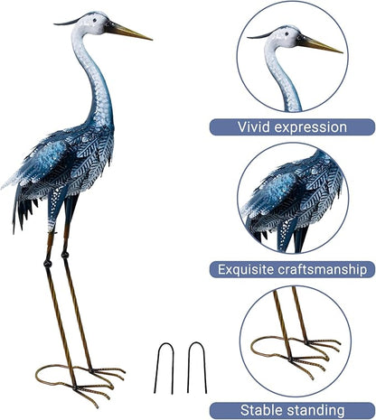 33 Inch Crane Statue for Garden Decorations, Metal Heron Yard Art, Outdoor Decor for Patio, Pond, and Backyard, Blue