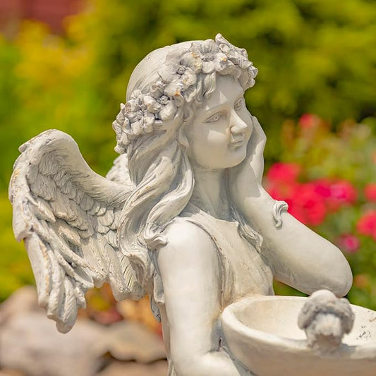 Zaer Ltd. 39" Tall Magnesium Angel Statue Figurines for Outdoor and Indoor Use (Holding a Birdbath Jazmin, Antique White)