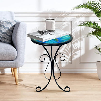 HONGLAND Outdoor Side Table, 12" Round Small Outdoor Glass End Table, Glass Plant Stand, Small Bistro Coffee Table for Garden Patio Porch Living Room （Peacock）
