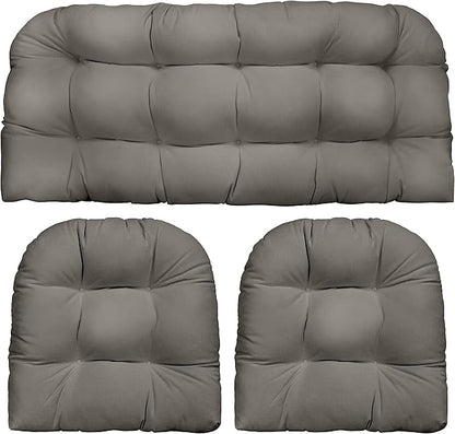 RSH DECOR: 3-Piece Wicker Tufted Cushion Set | 41” x 19" & 19" x 19" | All-Weather Spun Fabric | Water Resistant | Outdoor Loveseat & U-Shape Cushions for Patio Furniture | Charcoal Grey (Gray)