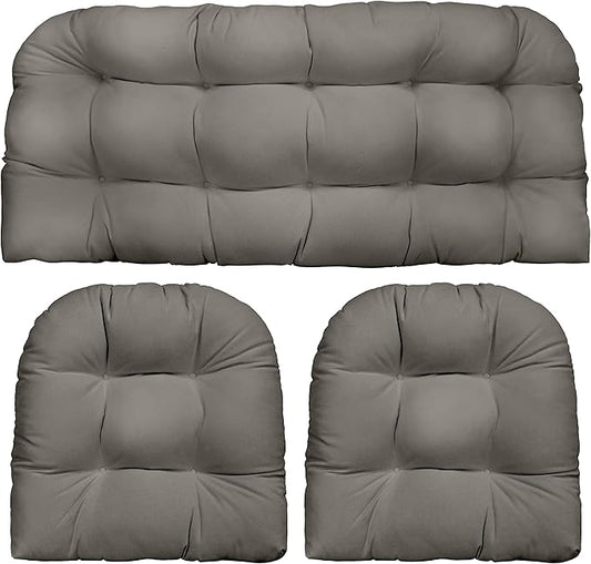 RSH DECOR: 3-Piece Wicker Tufted Cushion Set | 41” x 19" & 19" x 19" | All-Weather Spun Fabric | Water Resistant | Outdoor Loveseat & U-Shape Cushions for Patio Furniture | Charcoal Grey (Gray)