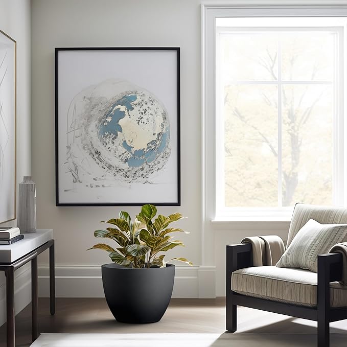 Kante 17.3 Inch Round Concrete Planter - Classic Large Indoor/Outdoor Plant Pot with Drainage Hole and Rubber Plug, Suitable for Gardens and Patios, Black