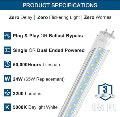 JESLED 4FT LED T8 Type A+B Tube Lights, 24W(65W Equivalent), 3200LM, 5000K, Single or Double End Powered, Plug and Play or Ballast Bypass, 4 Foot T10 T12 Fluorescent Bulbs Replacement, Clear(25-Pack)