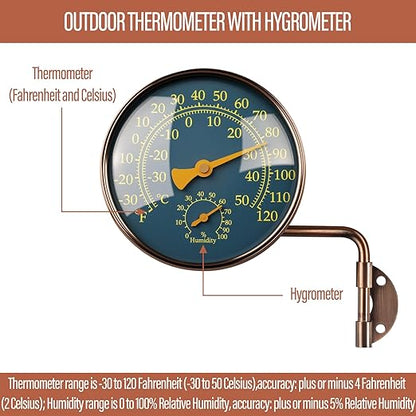 4 Inch Brass Outdoor Thermometer - Analog Temperature Gauge for Patio, Greenhouse and Garage