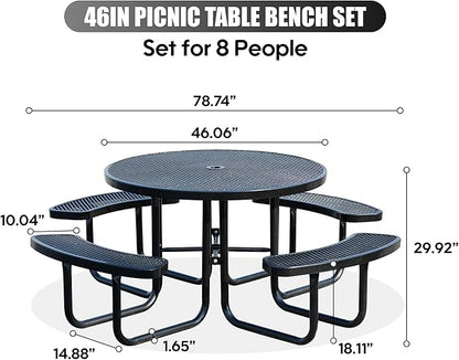 8-Person Outdoor Picnic Tables,46" Heavy-Duty Metal Round Picnic Table,Expanded Metal Commercial-Grade Table with 4 Benches & Umbrella Hole,Waterproof Coating Beach Table for Patio,Garden, Backyard