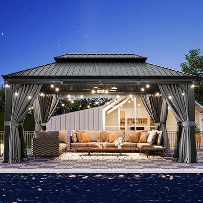 Aoxun 12' X 16' Permanent Hardtop Gazebo Aluminum Gazebo with Galvanized Steel Double Roof for Patio Lawn and Garden, Curtains and Netting Included, Grey