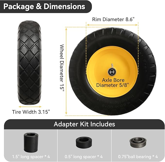 4.80/4.00-8" Tire and Wheel Assembly Set for Wheelbarrows, 5/8" or 3/4" Bore Wheelbarrow Tires for Utility Cart, Wheel Barrel, Wagon, Trailer, Dolly, 16" Solid Rubber Tires Without Flat Spots, 2 Pack