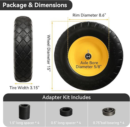 4.80/4.00-8" Tire and Wheel Assembly Set for Wheelbarrows, 5/8" or 3/4" Bore Wheelbarrow Tires for Utility Cart, Wheel Barrel, Wagon, Trailer, Dolly, 16" Solid Rubber Tires Without Flat Spots, 2 Pack