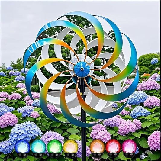 Solar Metal Wind Spinner, Multi-Color Led Lighting Solar Powered Glass Ball Dual Direction for Outdoor Patio Lawn & Garden,Blue(13" W x 75" H)