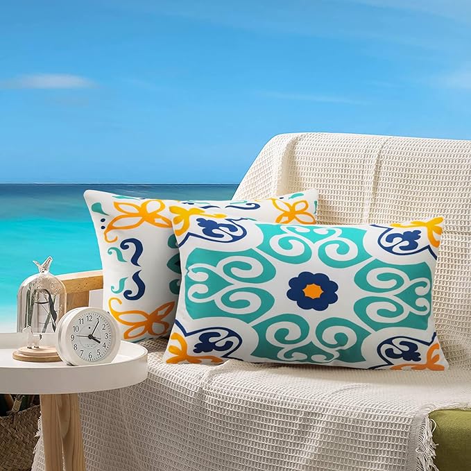 Outdoor Waterproof Throw Pillow Covers Set of 4 Floral Printed and Boho Farmhouse Outdoor Pillow Covers for Patio Funiture Garden 12x20 Inch Blue