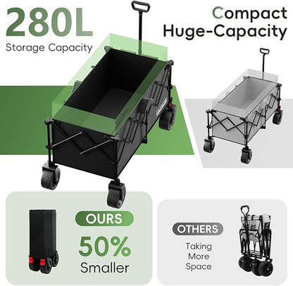 46" L Collapsible Foldable Extended Wagon, 500LB Weight Capacity with 280L Heavy Duty Folding Cart,Utility Wagon with All-Terrain Beach Wheel & Drink Holders,Black
