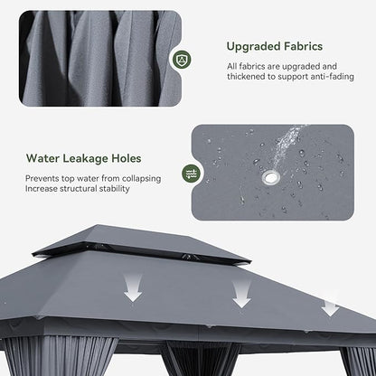 AOXUN Outdoor Gazebo for Patio 10x13, Metal Frame Canopy with Double Roofs, Heavy Duty Party Tent and Shelter with Mosquito Netting and Privacy Screen for Backyard, Lawn, Garden,Deck (Dark Gray)