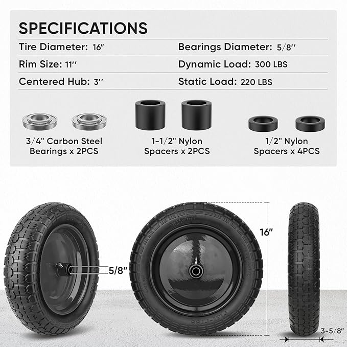 TICONN 4.80/4.00-8 Tire, 16" Flat Free Wheelbarrow Tire and Wheel, Solid Replacement Tires, 5/8" 3/4" Bearings, Universal Fit 4.80/4.00-8, 3.50/3.00-8, 4.00-6 (16" Black, 4PK)