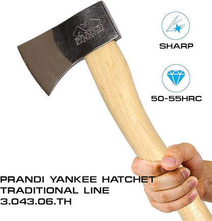 Prandi Axes Yankee C45 Forged Carbon Steel Hatchet - Hickory Handle with Leather String - Ideal for Camping, Travel and Bushcraft - S/N 3.043.06.TH - 15" L x 5.3" 1W, 600g Polished Head, No Sheath