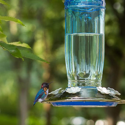 Kingsyard Glass Hummingbird Feeder for Outdoors Wild Bird Feeder with 6 Feeding Ports Hanging for Garden Yard, Blue (Ant Moat Included)