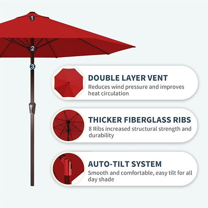 PatioKingdom Auto-Tilt 9FT Patio Umbrella Outdoor with 8 Sturdy Fiberglass Ribs,Market Table Umbrella for Pool,Backyard,Deck and Garden