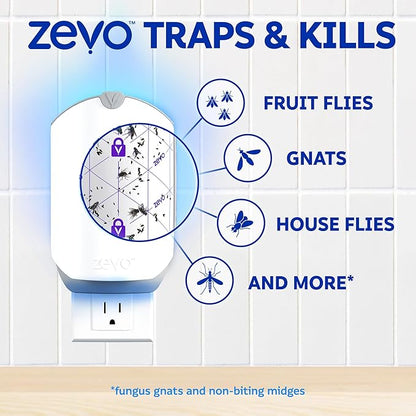 Zevo Flying Insect Trap & 3 Refill Cartridges - Plug in Fly Trap & Indoor Bug Catcher for Gnats, House & Fruit Flies - Blue & UV Light Technology, Mess-Free Alternative to Bug Zapper