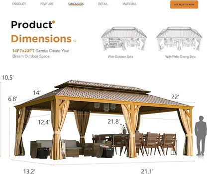 EROMMY 14'x22' Hardtop Gazebo, Galvanized Steel Double Roof with Wood Grain Aluminum Frame, Outdoor Gazebo with Curtains and Nettings for Patio, Backyard and Deck