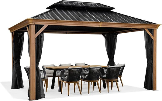 PURPLE LEAF 10' X 14' Outdoor Hardtop Gazebo for Patio Galvanized Steel Double Roof Permanent Canopy Teak Finish Coated Aluminum Frame Pavilion Gazebo with Netting