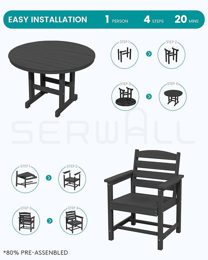 SERWALL 5-Piece Outdoor Round Dining Sets, HDPE Patio Table and Chairs Furniture Set, 45" Round Dining Table and 4 Dining Chairs, Black