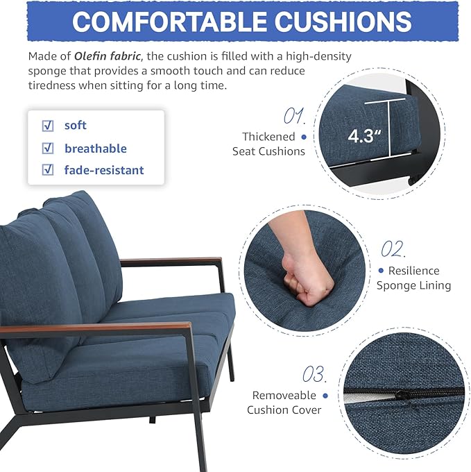 Soleil Jardin Aluminum Patio Furniture 3-Seater Couch, Outdoor 3 Seats Sofa with FSC Certified Solid Wood Top, Outdoor Conversation Set 3 Seater Deep Seating w/Removable Cushion, Denim Blue
