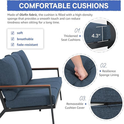 Soleil Jardin Aluminum Patio Furniture 3-Seater Couch, Outdoor 3 Seats Sofa with FSC Certified Solid Wood Top, Outdoor Conversation Set 3 Seater Deep Seating w/Removable Cushion, Denim Blue