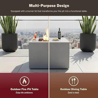 32" Smokeless Outdoor Alloy Steel Fire Pit Table w/Lid, All in One Propane Fire Table, Square Patio Firepit Table 50,000 BTUs, Lava Rocks, Weatherproof Cover, CSA Certified, for Outside Patio