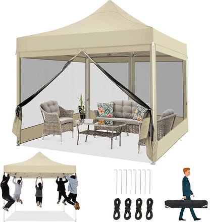 COBIZI 10x10 Heavy Duty Pop Up Canopy Tent with 4 Sidewalls, Commercial Gazebo Party Tent with Mosquito Netting Wall Easy Set Up Outdoor Instant Screen Canopy for Backyard, Patio, Garden, Khaki