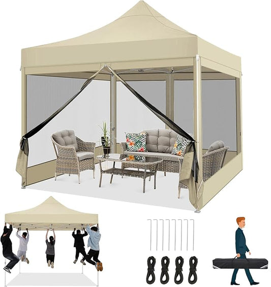 COBIZI 10x10 Heavy Duty Pop Up Canopy Tent with 4 Sidewalls, Commercial Gazebo Party Tent with Mosquito Netting Wall Easy Set Up Outdoor Instant Screen Canopy for Backyard, Patio, Garden, Khaki
