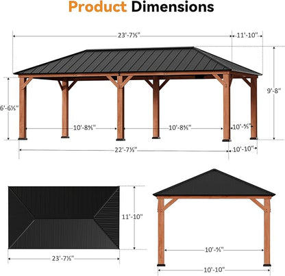 Modern Shade Tranquil Grove Wood Gazebo 12' x 24', Permanent Grill Gazebo with Galvanized Steel Hardtop Roof, Cedar Framed Wooden Pavilion for Garden, Backyard