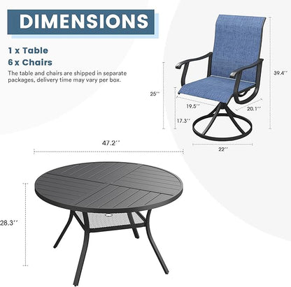 DIFY 7 Pieces Outdoor Patio Dining Set, 6 Blue Textilene Swivel Dining Chairs and 47.2" Black Round Metal Dining Table, Outdoor Table and Chairs