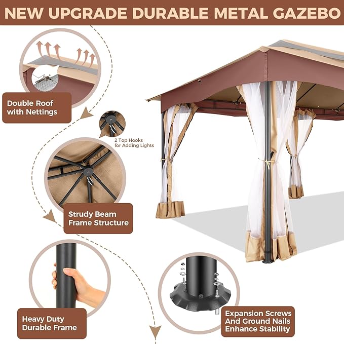 COBIZI Gazebo 12x20 Heavy Duty Gazebos with Improved Nettings Outdoor Gazebo Canopy Double Roof Patio Gazebos with Metal Steel Frame for Patio, Garden, Backyard (Khaki)