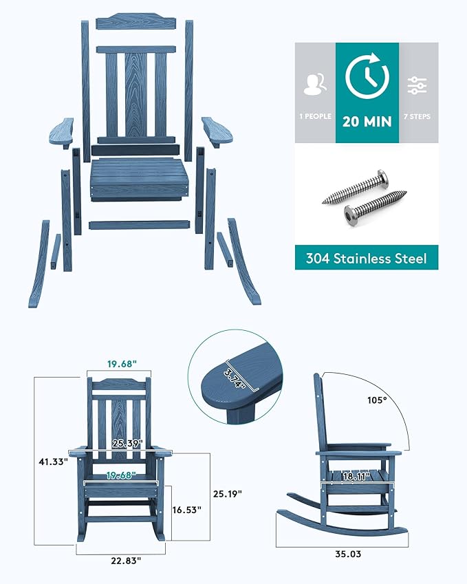 SERWALL Outdoor Rocking Chair Blue Set of 4