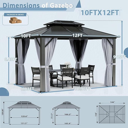 Aoxun 10Ft X 12Ft Hardtop Gazebo, Aluminum Metal Outdoor Gazebo with Breathable Netting and Curtains, Galvanized Steel Horizontal Double Top, Permanent Patio Pavilion for Dining, Wedding, Party