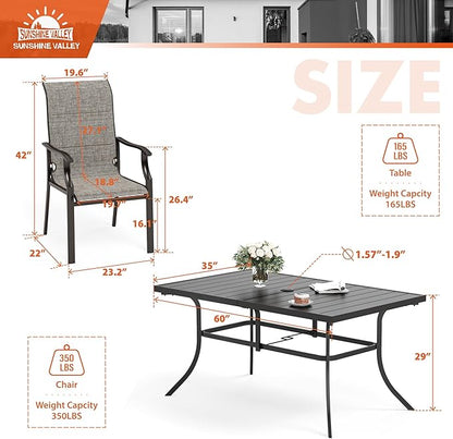 7 Piece Patio Dining Sets for 6, Metal Outdoor Table and Chairs Set with 1 Patio Dining Table(1.57-1.9" Hole) and 6 Textilene Patio Dining Chairs, Outdoor Dining Set for Deck Backyard
