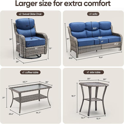 Swivel Patio Chairs sofa Set of 5 with 6" Thick Cushion - Wicker Outdoor Swivel Rocker Patio Chair ,Sofa/Glass coffee table, High Back Comfortable Outdoor Glider Chairs - Grey Wicker | Blue Cushions