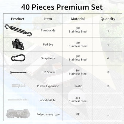 Sun Shade Sail Hardware Kit 6 Inch Heavy Duty 304 Stainless Set for Triangle Rectangle Sun Shade Sail Installation, Awning Attachment Set for Patio, Garden Outdoors Sun Protection Rainshield (46 Pcs)