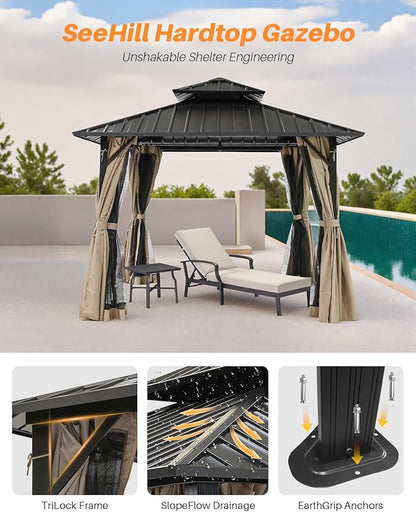 10' x 10' Hardtop Gazebo, Aluminum Frame Outdoor Patio Gazebos with Netting and Curtains, Outdoor Gazebo Canopy, Patio Pergola with Double Steel Roofs for Backyard, Patio, Deck, Sandstone