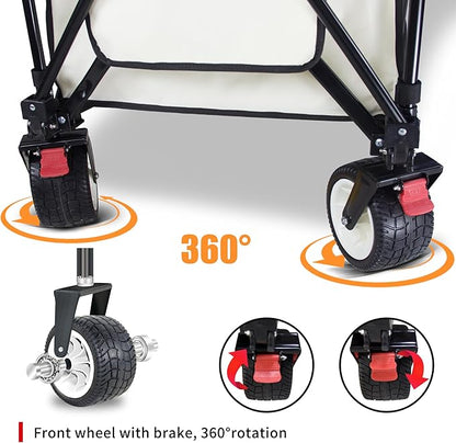 TMZ Collapsible Wagon 445L Heavy Duty Foldable Cart with All-Terrain Wheels, Canopy & Brakes - Extra Large Utility Wagon for Beach, Outdoor, Garden, Camping Portable Foldable Design (White)