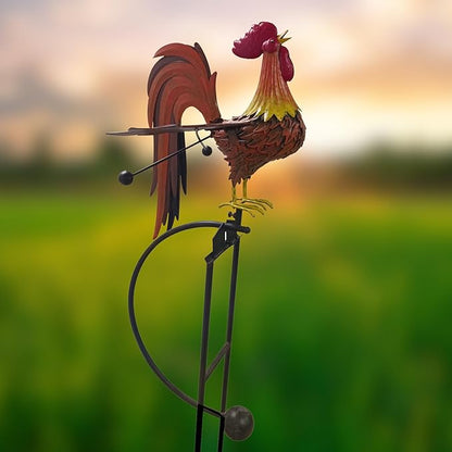 Red Carpet Studios Garden Stake Metal Rocker Gardening Yard Art, 58.5 Inches Tall, Rooster Crowing