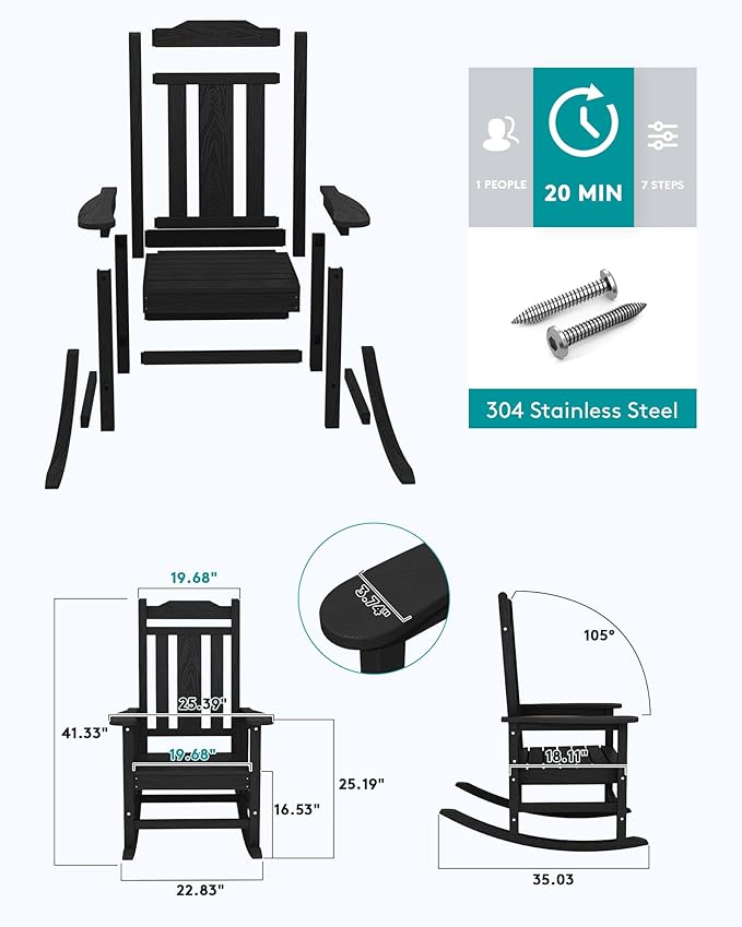 SERWALL Outdoor Rocking Chair Black Set of 4